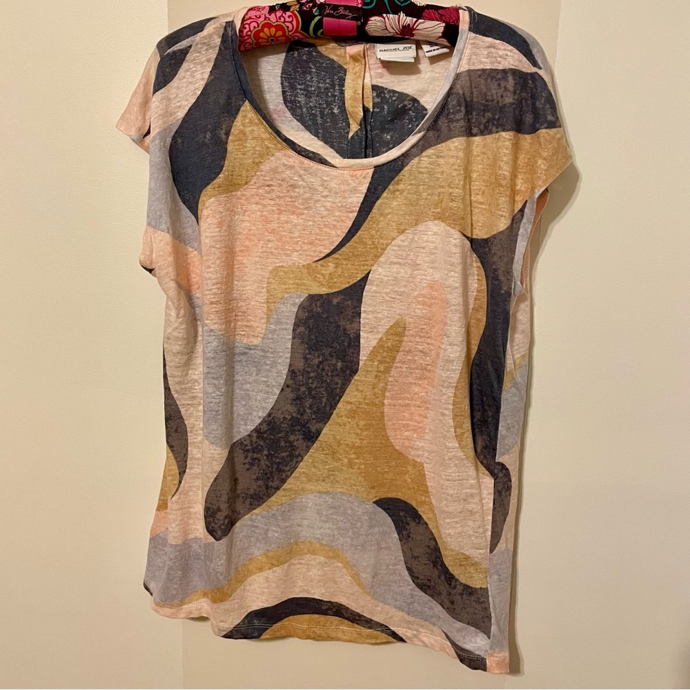 Rachel Zoe Women’s Linen Boho Neutral Abstract Print Button Back Top Size XL